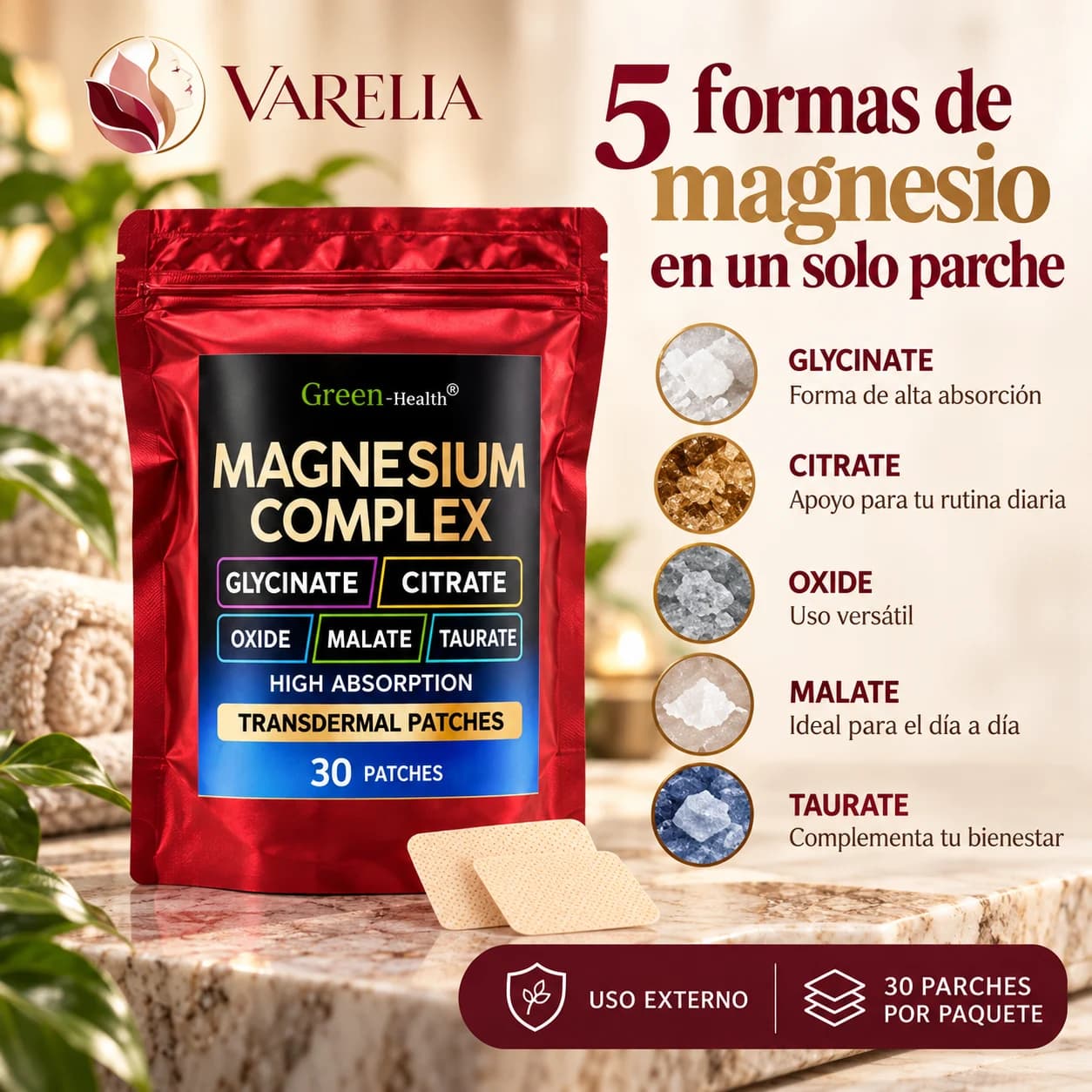 VARELIA Magnesio 5 en 1 — Parches complejos de magnesio