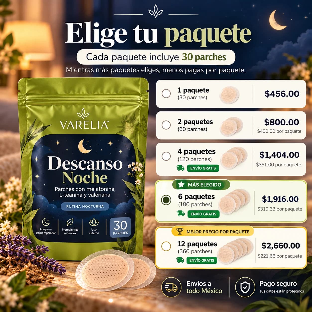VARELIA Descanso Noche — Parches con melatonina, L-teanina y valeriana