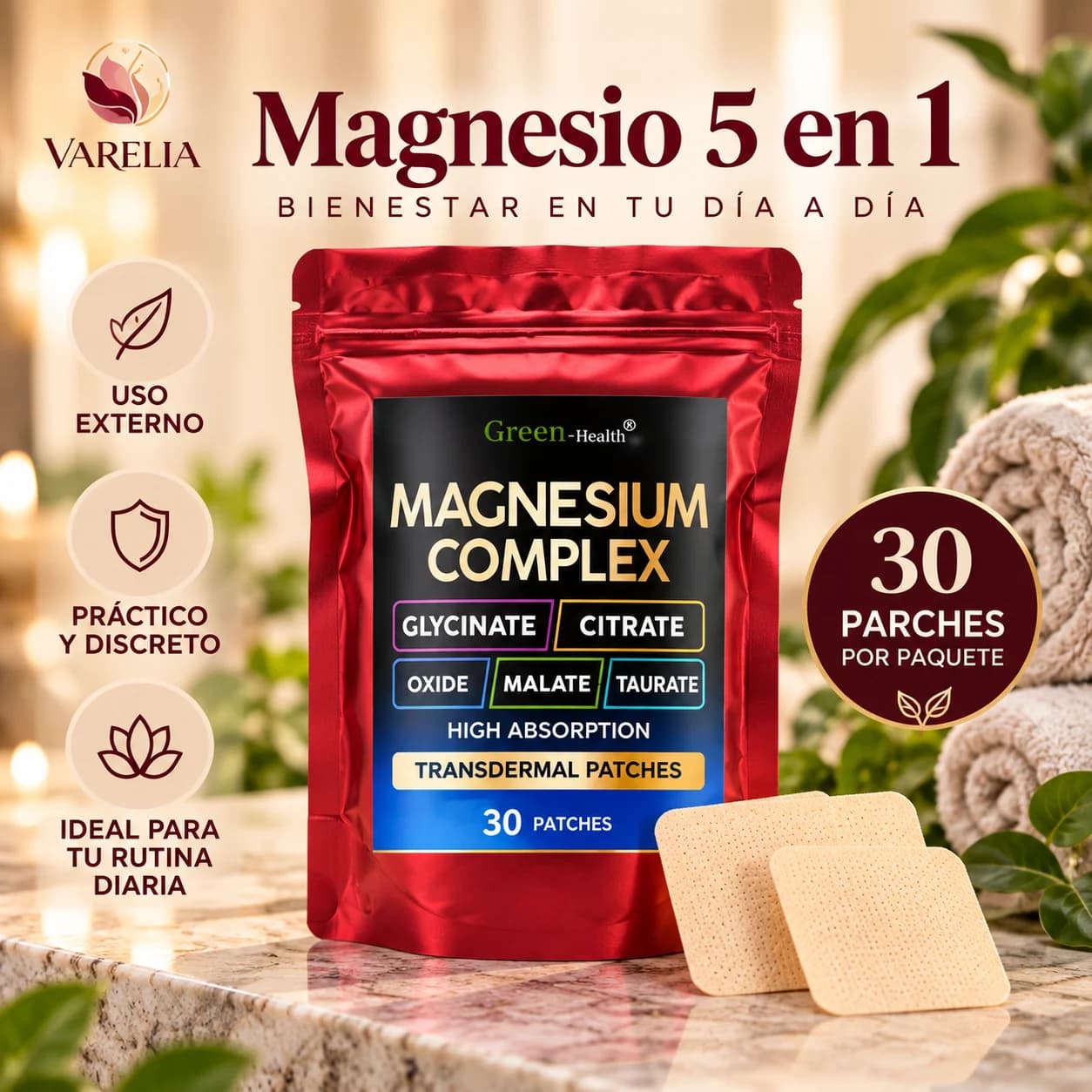 VARELIA Magnesio 5 en 1 — Parches complejos de magnesio