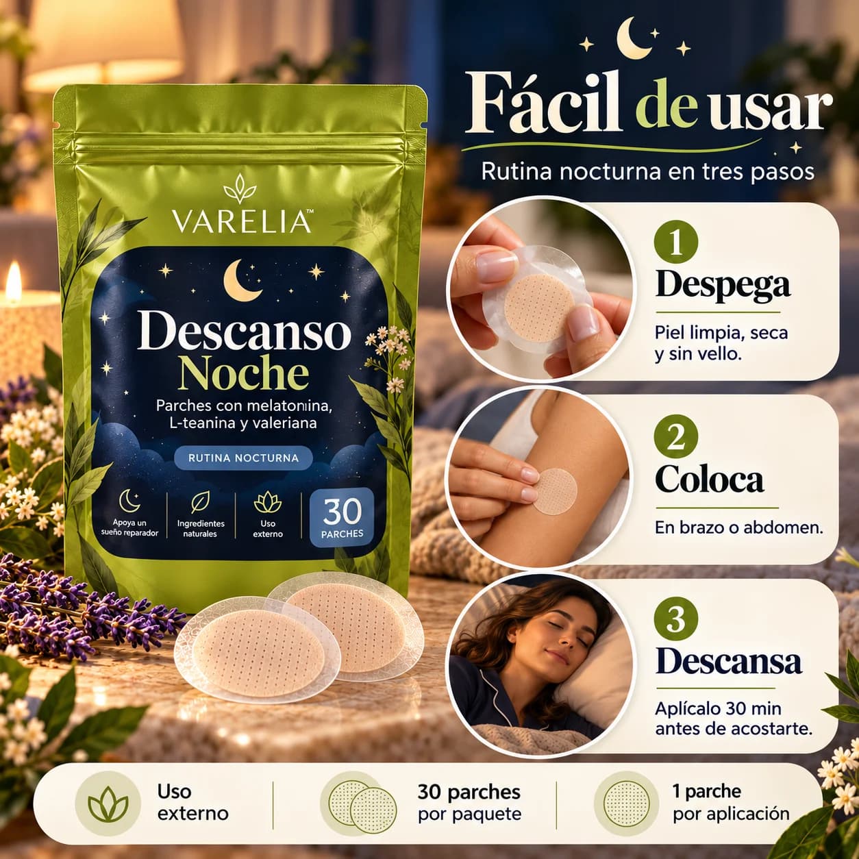 VARELIA Descanso Noche — Parches con melatonina, L-teanina y valeriana