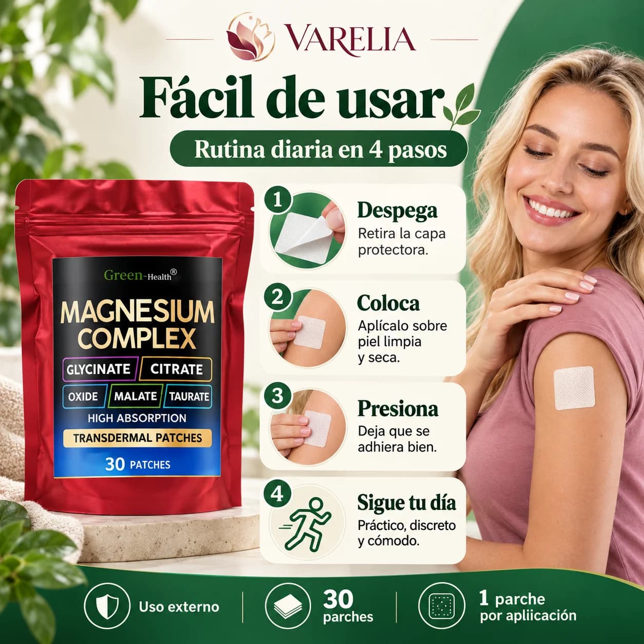 VARELIA Magnesio 5 en 1 — Parches complejos de magnesio